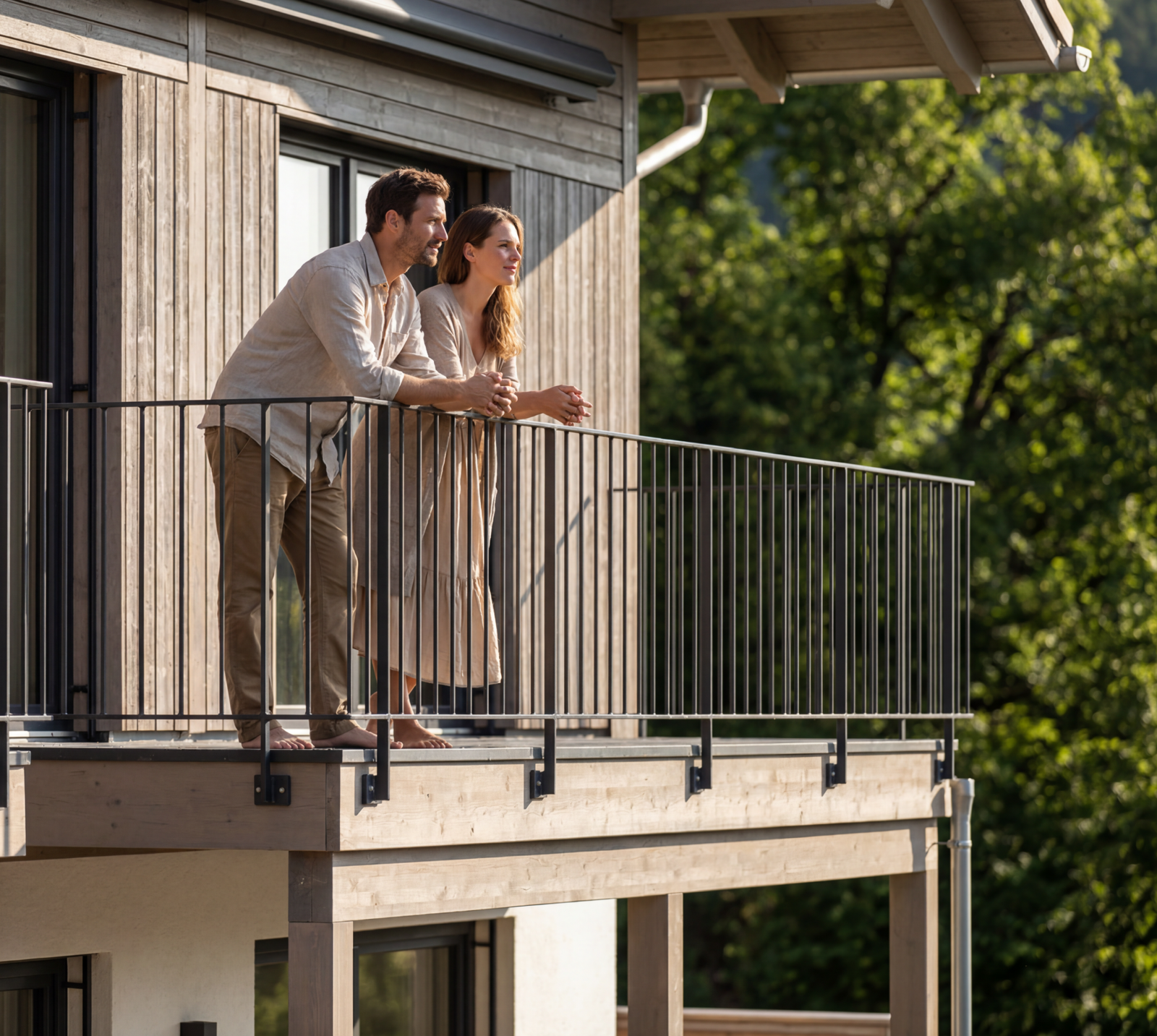 Paar auf dem Balkon blickt in die Ferne