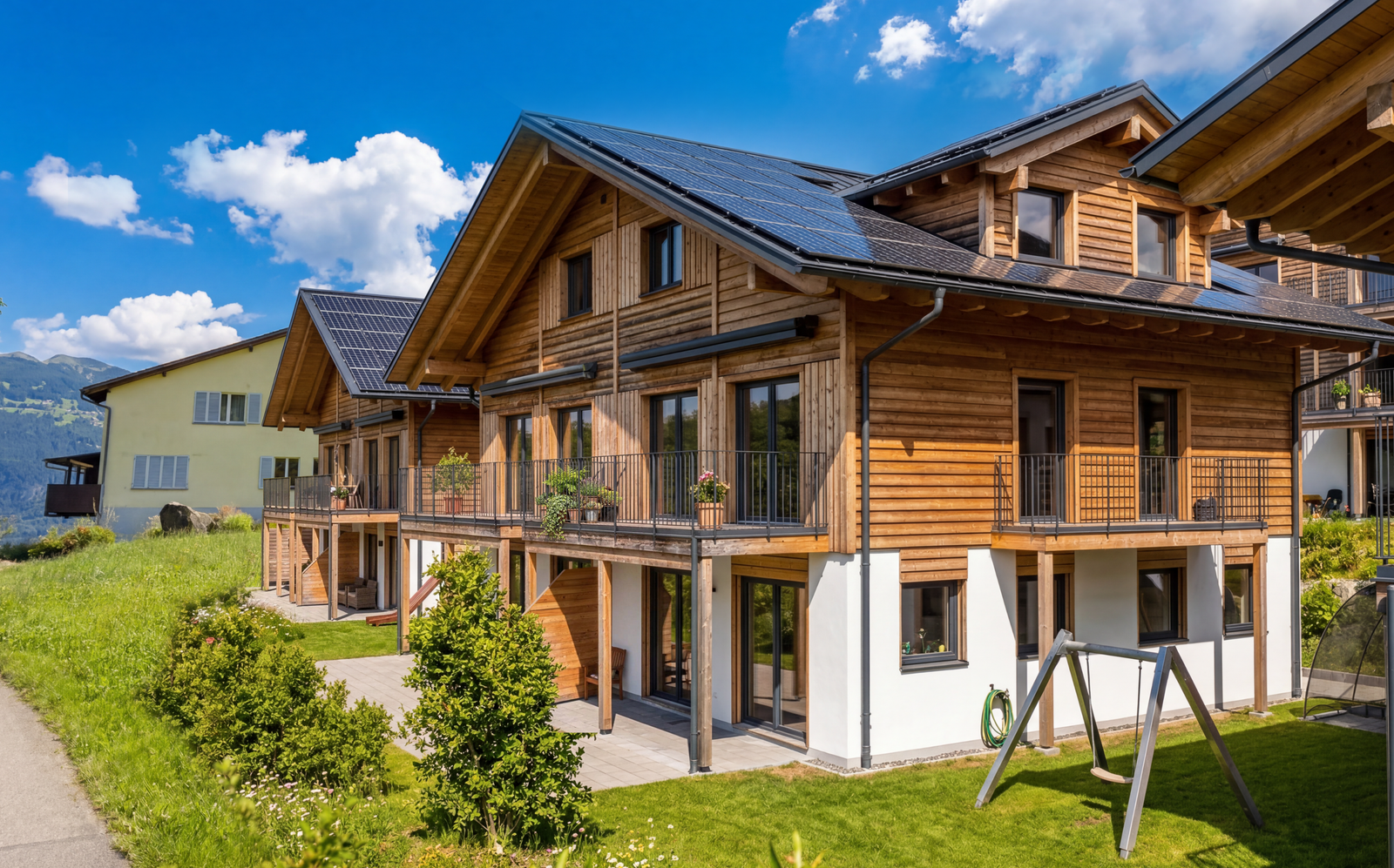 Moderne holzverkleidete Mehrfamilienhäuser