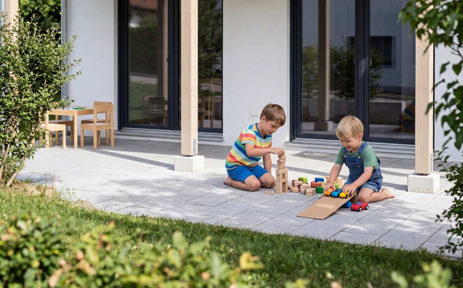 Kinder spielen mit Holzbausteinen auf der Terrasse